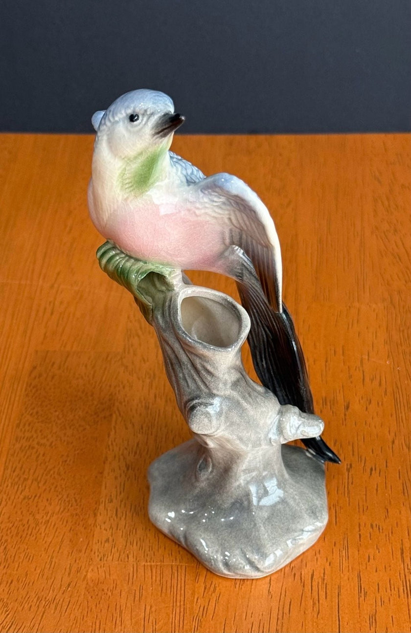 Vintage Ceramic Budgerigar Bird on Tree Stump Figurine Bud Vase