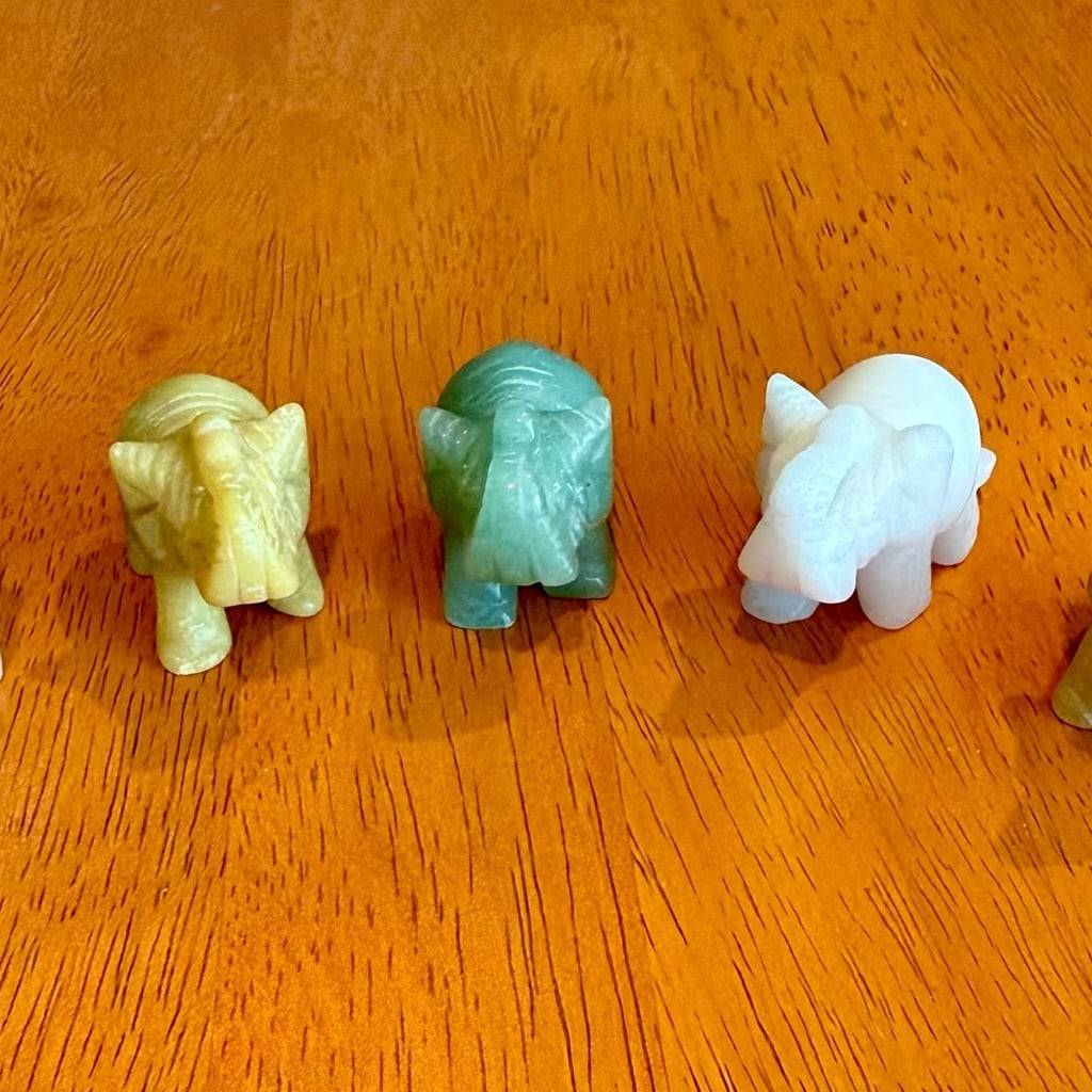 Set of 5 Vintage Hand Carved Gemstone and Quartz Elephant Figurines