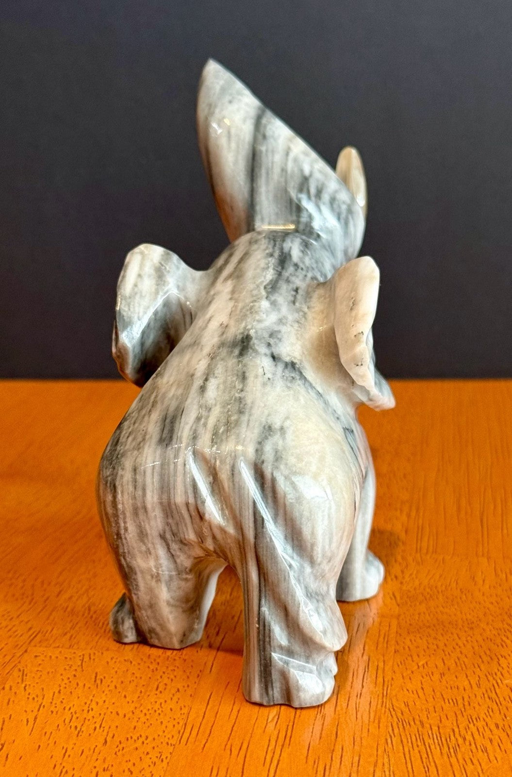 Vintage Hand-Carved Grey Marbled Onyx Elephant Figurine Good Luck Trunk Up