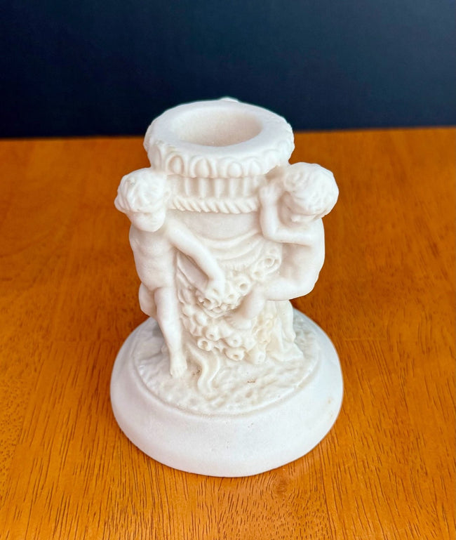 Antique 1900s Salt Dough Figural Cherub White Candlestick Holder