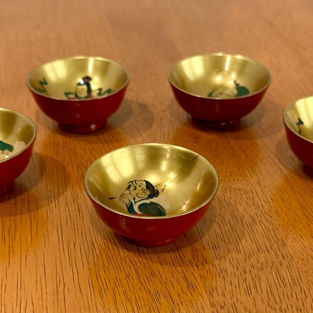 Vintage Japanese Seven Lucky Gods Lacquerware Sake Cup Set of 5