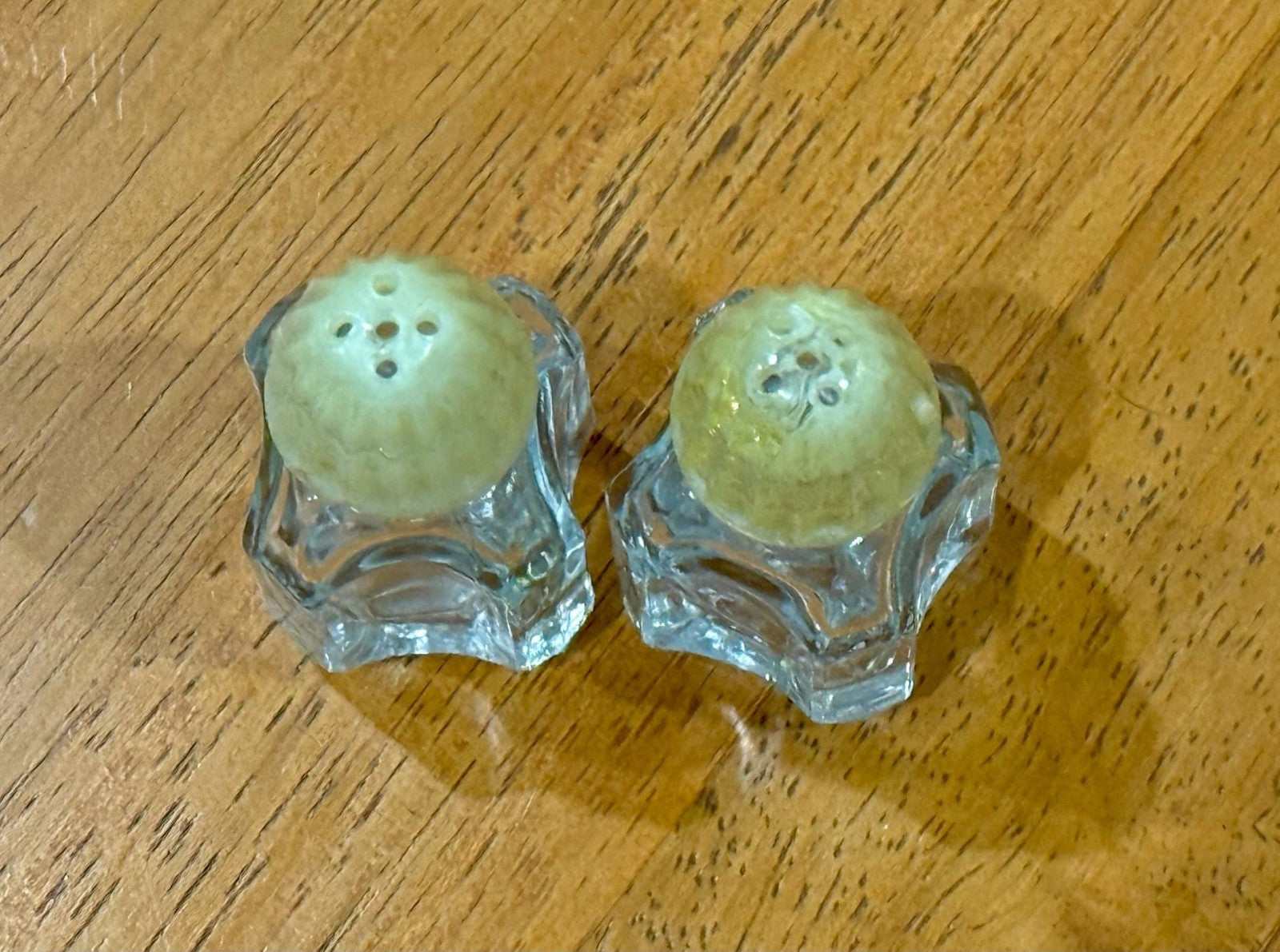 Vintage Petite Cut Glass Salt and Pepper Shakers with Yellow Plastic Lids