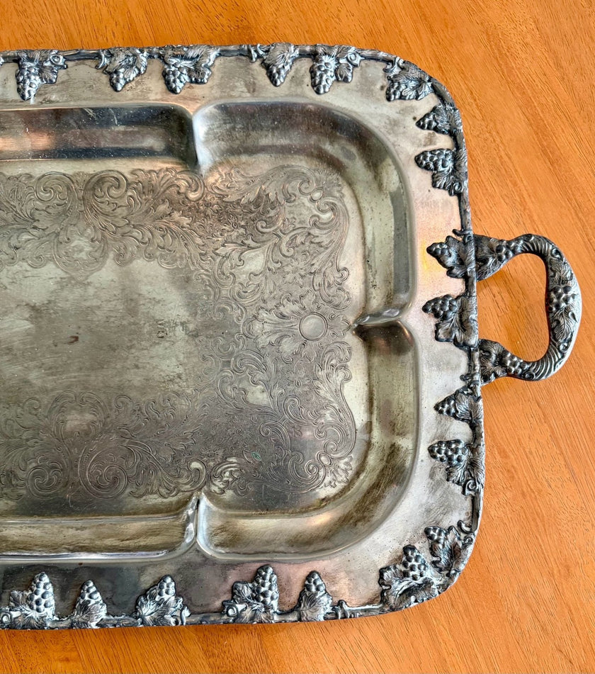 Large Vintage Silverplate Footed Serving Tray Grape & Leaf Border 24