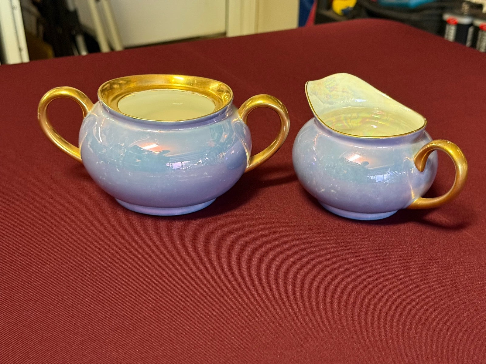 Iridescent Blue Lusterware Sugar and Creamer Set Gold Trim Handles