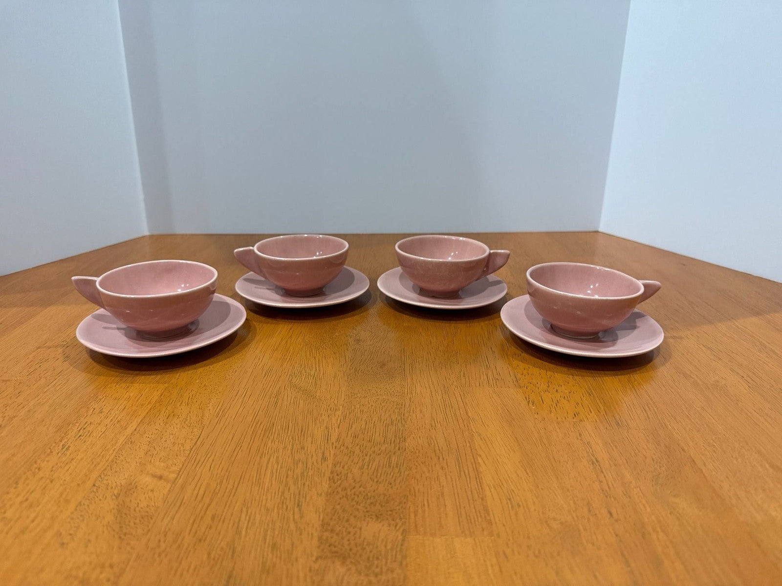 Set of 4 Vintage Mid-Century Modern Pink Tea Cup and Saucer Sets