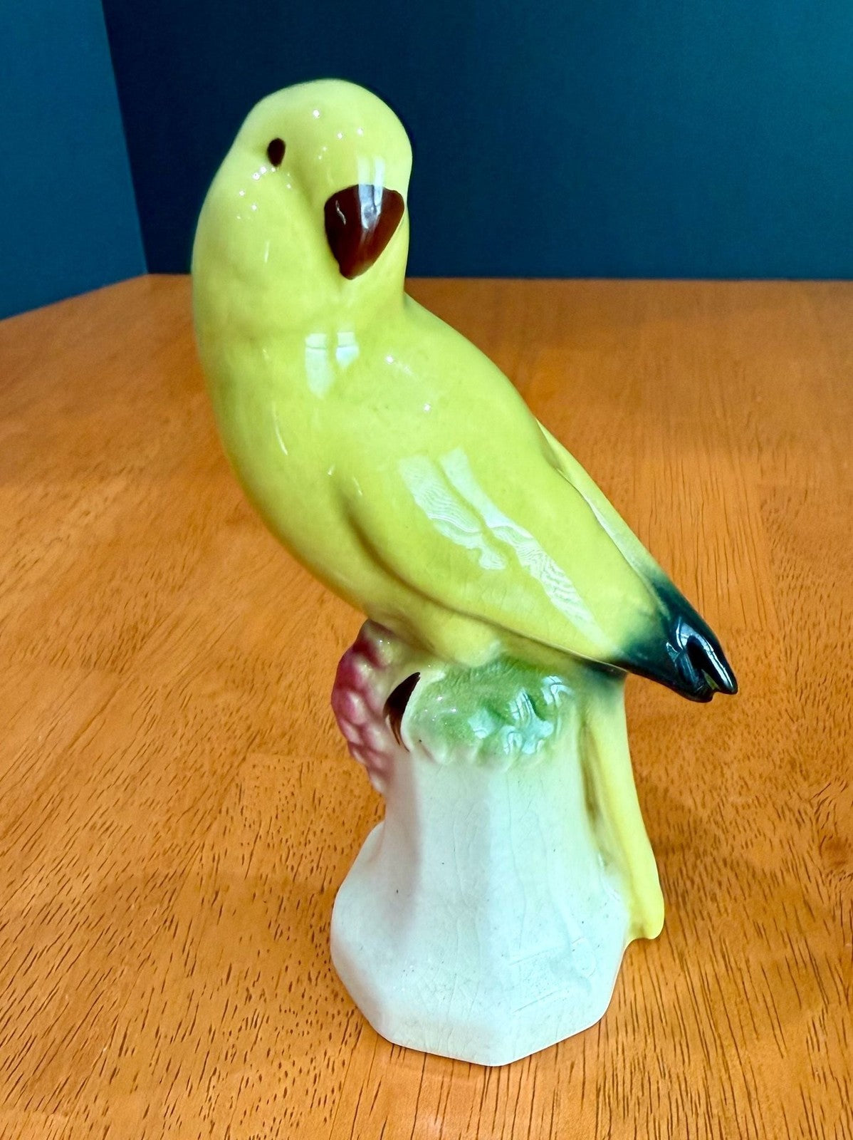Vintage Set of 2 Yellow Parakeet Birds on Perches Ceramic Figurines