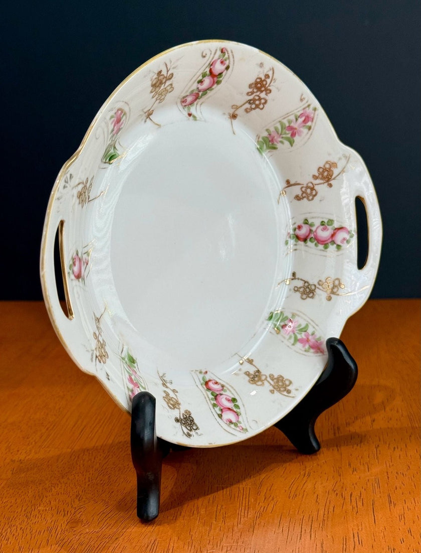 Antique Nippon Hand Painted Porcelain Serving Dish Gold Handles Pink Floral Swag