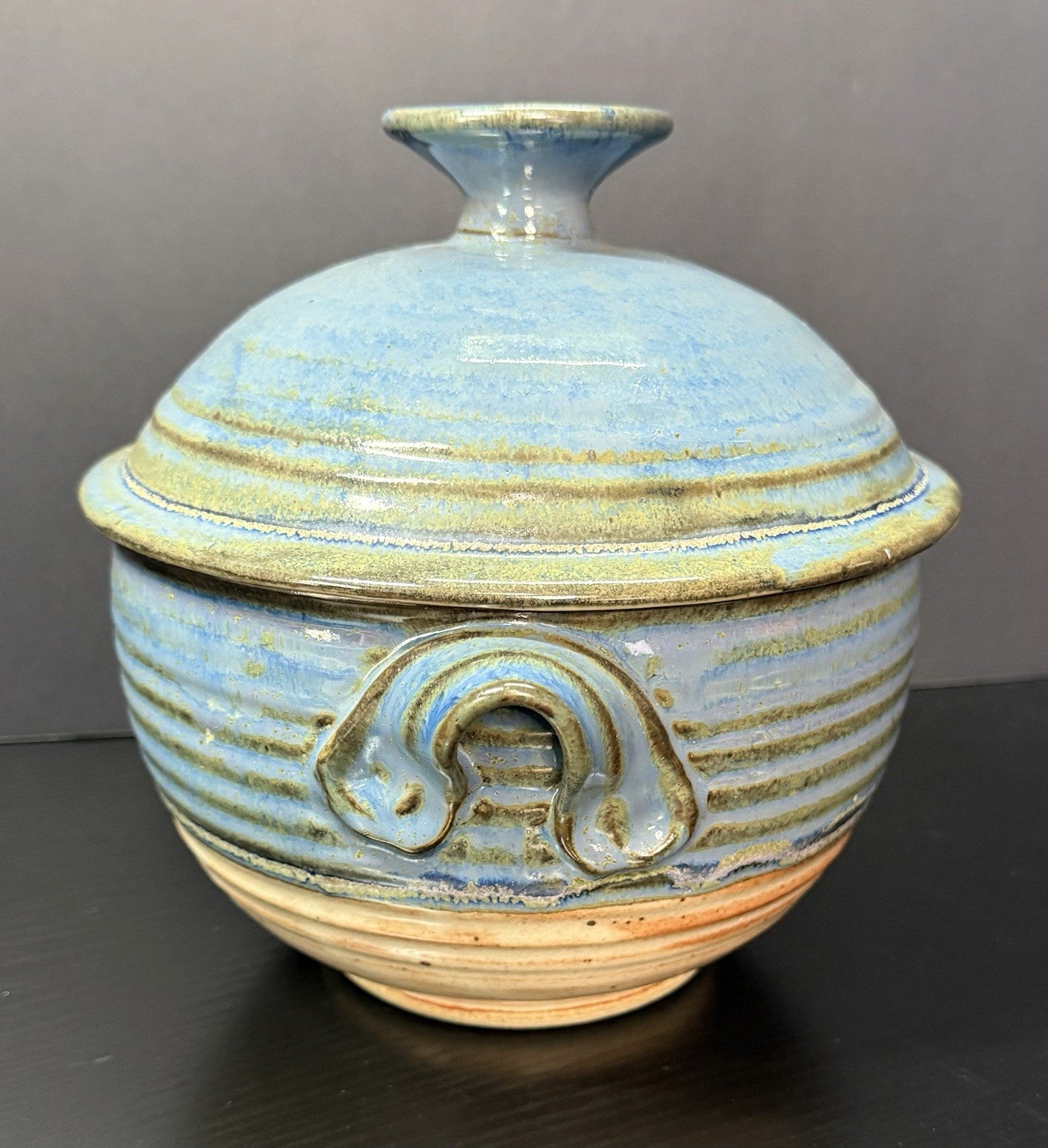 Vintage Earthenware Handmade Stoneware Pottery Lidded Crock Artisan Blue Brown