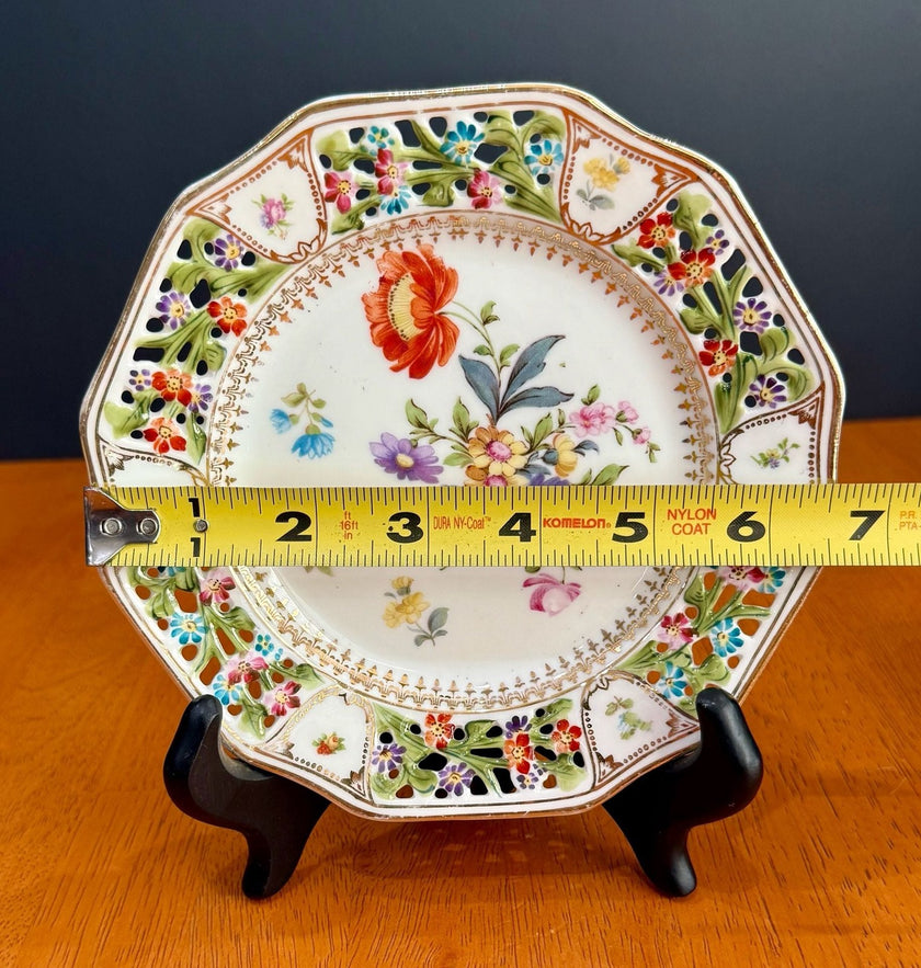RW Bavaria Porcelain Reticulated Plate Hand-Painted Dresden Floral Design