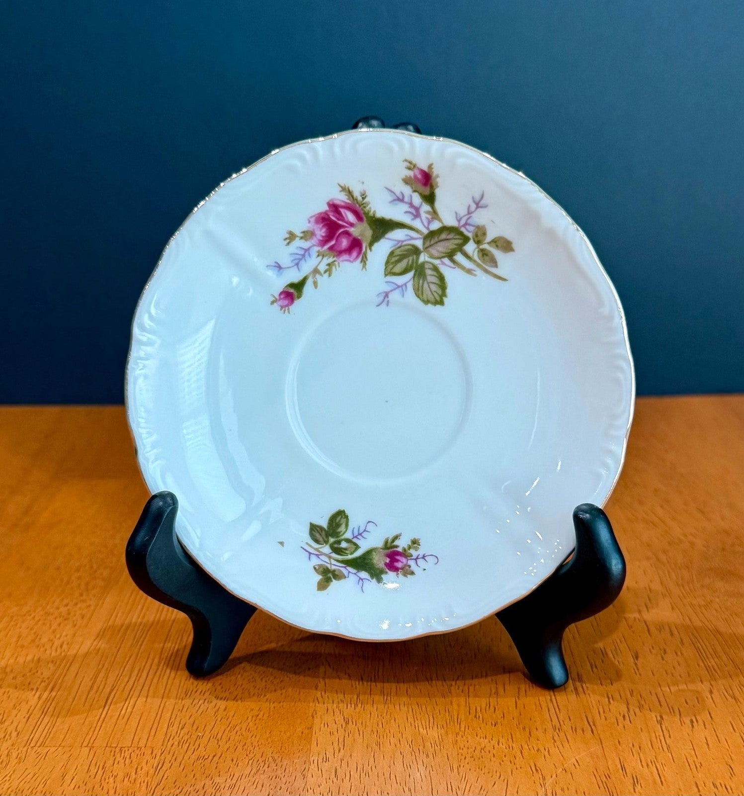 Vintage Moss Rose Porcelain Saucer with Gold Trim by Japan Fine China