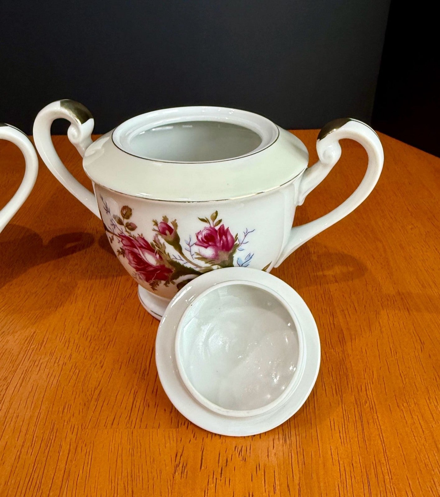 Vintage Fine China Made in Japan Moss Rose Creamer with Sugar Bowl & Lid Set