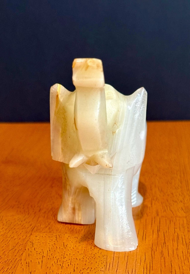 Vintage Hand-Carved Banded White Onyx Elephant Figurine Trunk Up Luck Stone