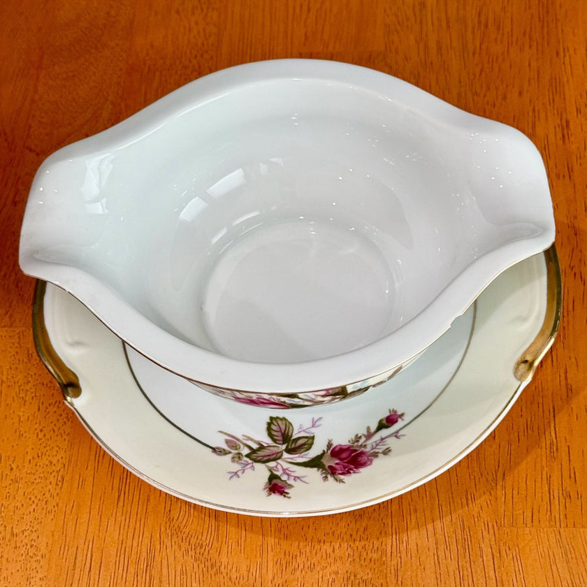 Vintage Made in Japan Moss Rose Gravy Boat with Attached Underplate Red White