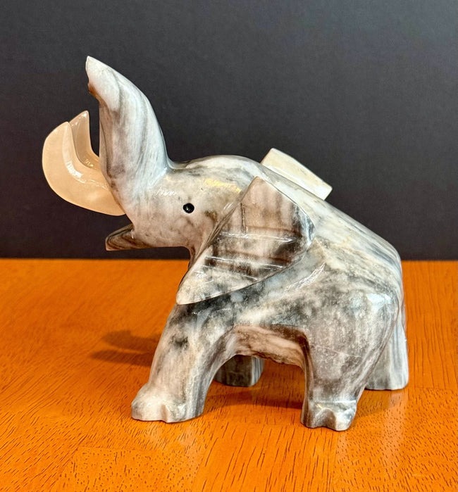 Vintage Hand-Carved Grey Marbled Onyx Elephant Figurine Good Luck Trunk Up