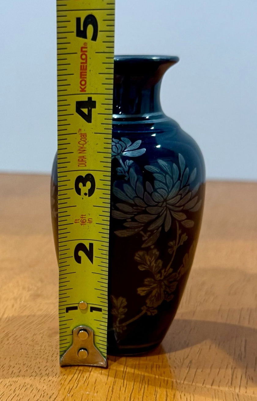 Vintage Japanese Blue Porcelain Miniature Bud Vase Silver Chrysanthemums