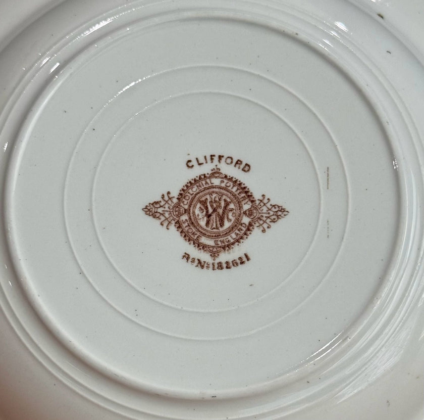 Colonial Pottery Stoke England Clifford Pattern Brown Transferware Soup Bowl