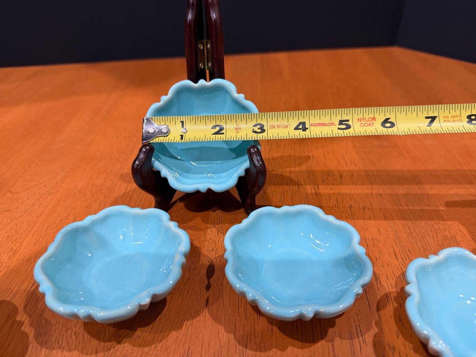 Set of 7 Vintage Turquoise Blue Glazed Ceramic Scalloped Salt Cellar Dip Bowls