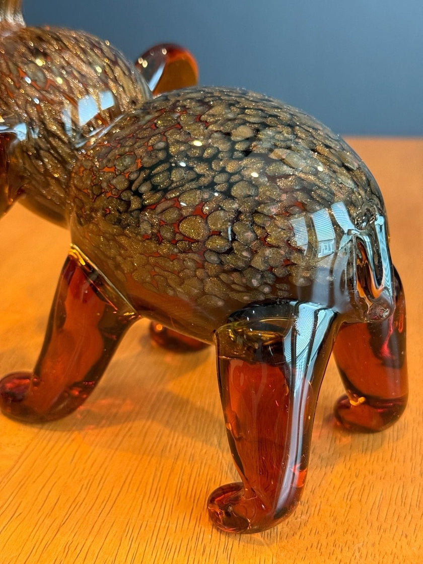 Dynasty Gallery Amber Art Glass Elephant Figurine with Gold Aventurine Flecks