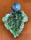 Vintage Freeman-Leidy Laguna Beach CA Majolica Green Leaf Trinket Dish Blue Bird