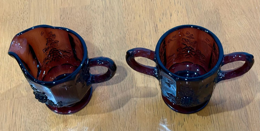 Vintage Westmoreland Amethyst Glass Purple Creamer & Sugar Set Grape & Vine