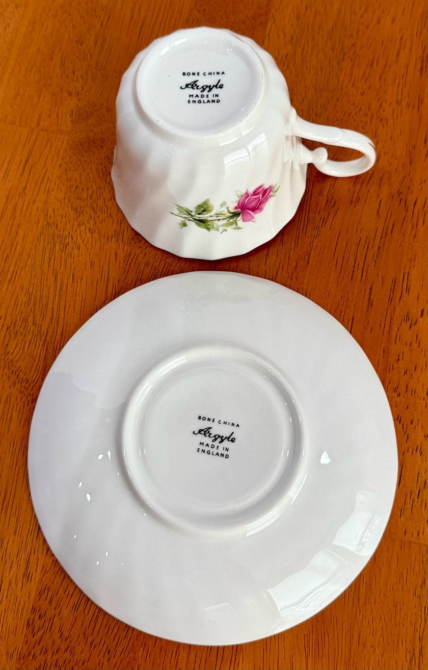 Vintage Argyle Bone China Teacup Saucer Pink and Red Rose Floral Pattern