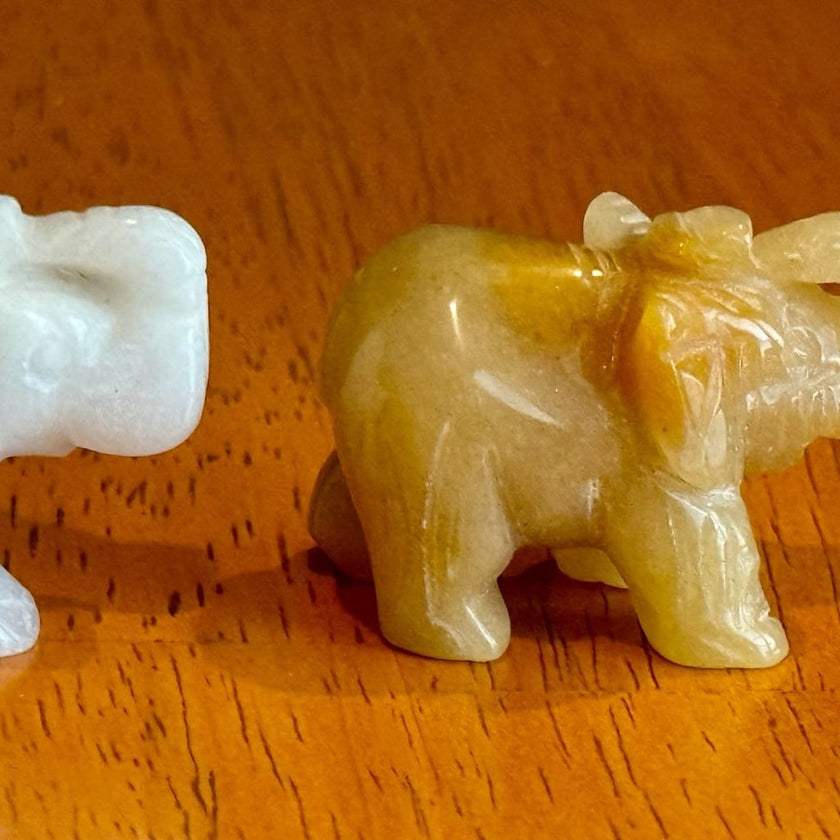 Set of 5 Vintage Hand Carved Gemstone and Quartz Elephant Figurines