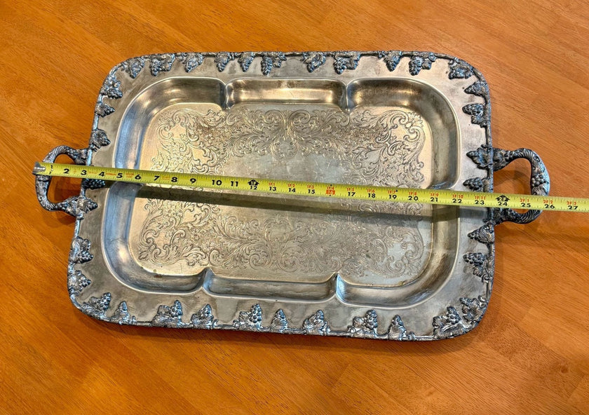 Large Vintage Silverplate Footed Serving Tray Grape & Leaf Border 24