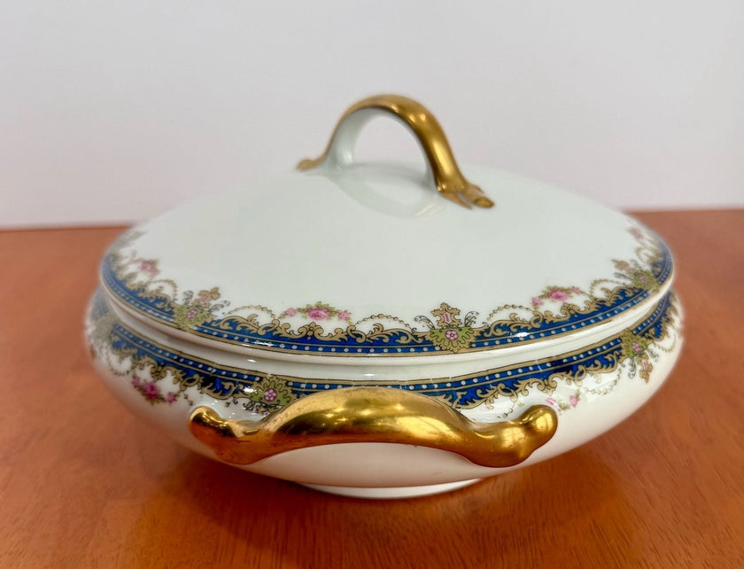 Vintage Limoges France Porcelain Covered Vegetable Serving Dish with Gold Trim
