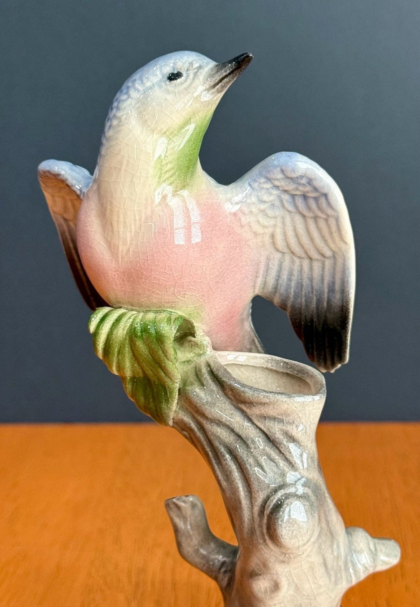 Vintage Ceramic Budgerigar Bird on Tree Stump Figurine Bud Vase