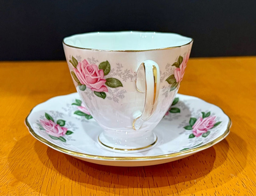 Vintage Colclough English Bone China Teacup & Saucer Pink Rose Floral Gold Trim
