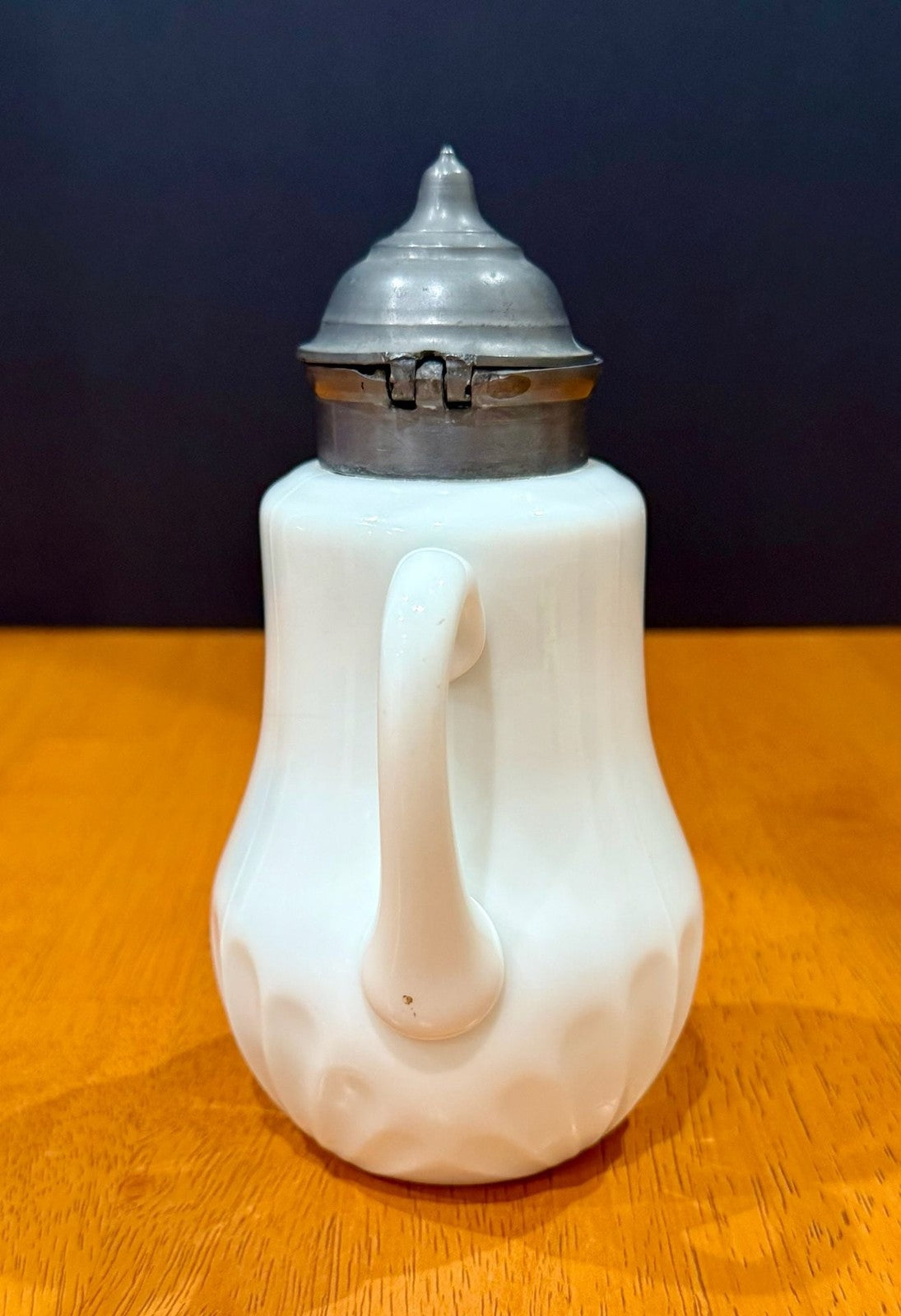 Vintage Milk Glass Floral Pattern Syrup Pitcher Hinged Metal Lid