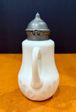 Vintage Milk Glass Floral Pattern Syrup Pitcher Hinged Metal Lid