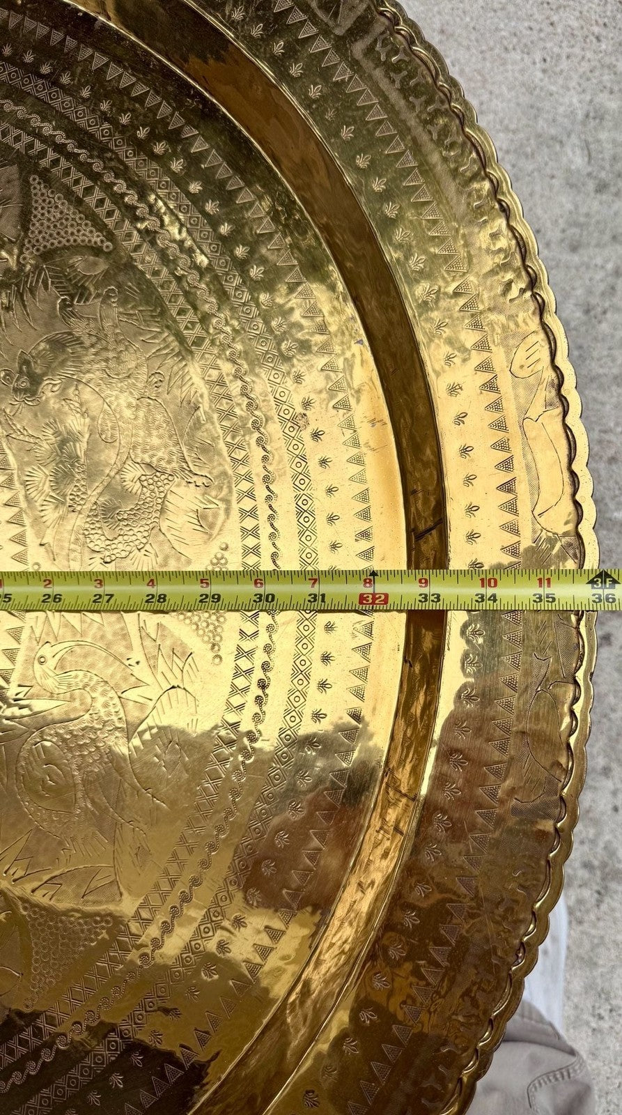 Vintage Mid-Century Brass Engraved Blessing Tray Table with Mahogany Folding Base