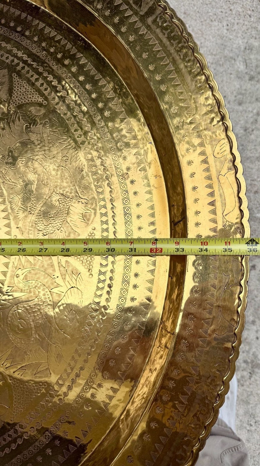 Vintage Mid-Century Brass Engraved Blessing Tray Table with Mahogany Folding Base
