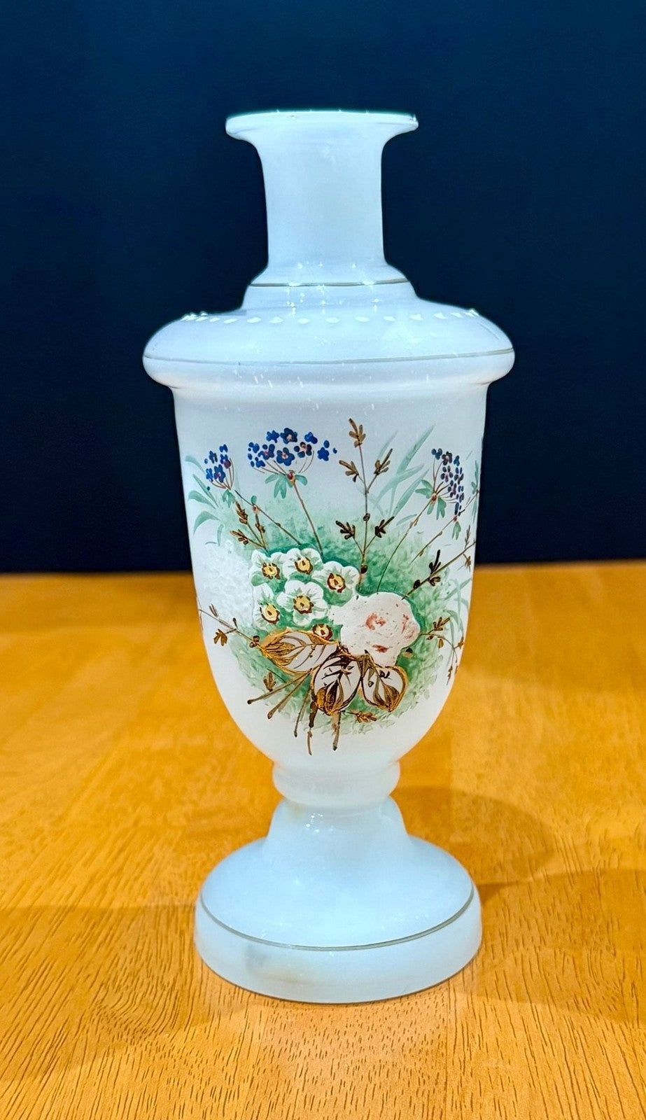 Vintage Victorian Bristol White Opaline Hand-Painted Floral Glass Vase