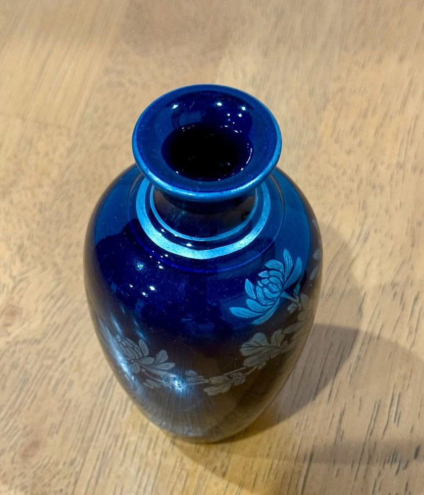 Vintage Japanese Blue Porcelain Miniature Bud Vase Silver Chrysanthemums