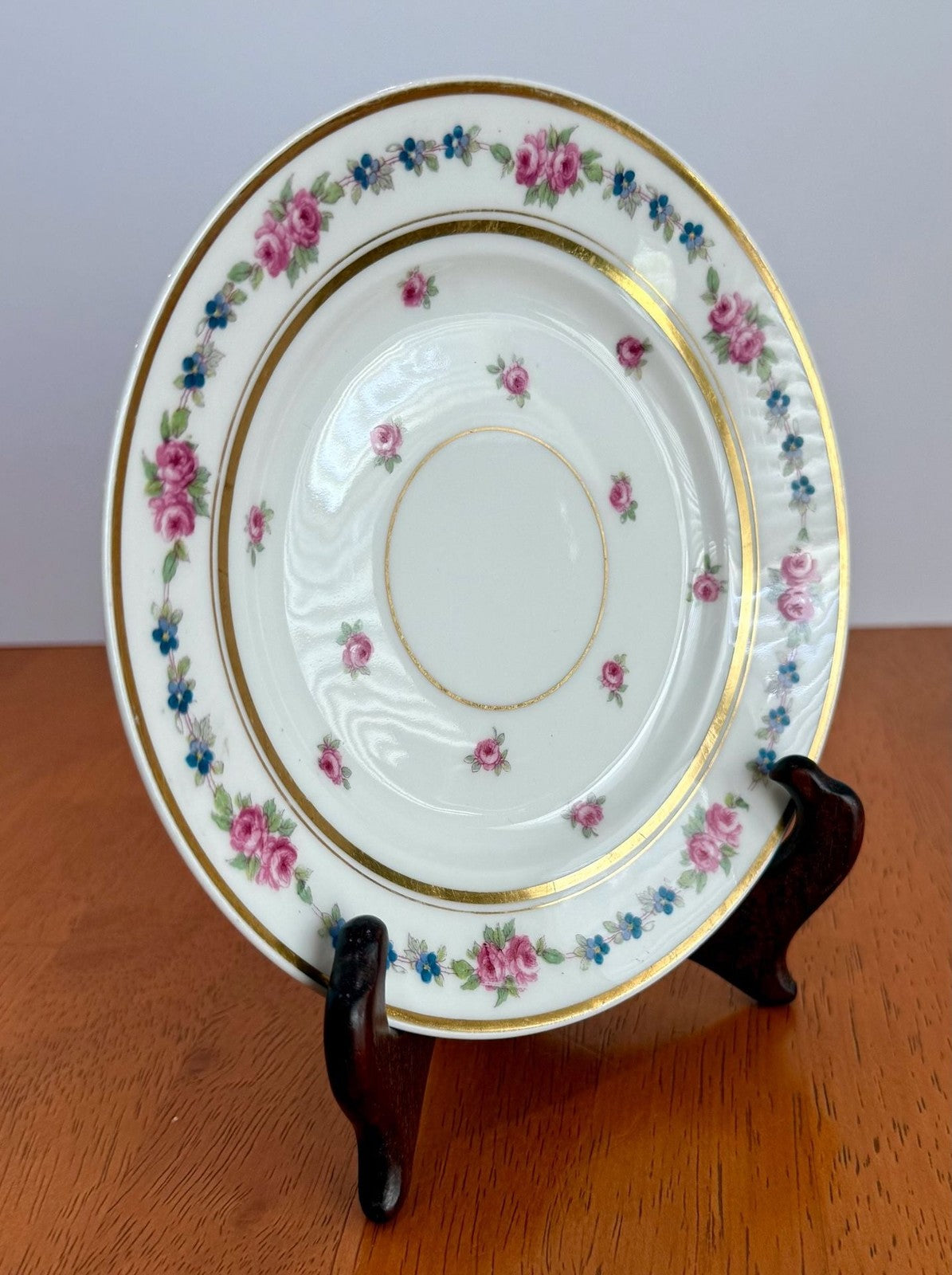 Antique D&C Limoges France Porcelain Saucer Pink Rose Blue Flower Garland