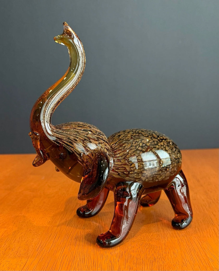 Dynasty Gallery Amber Art Glass Elephant Figurine with Gold Aventurine Flecks