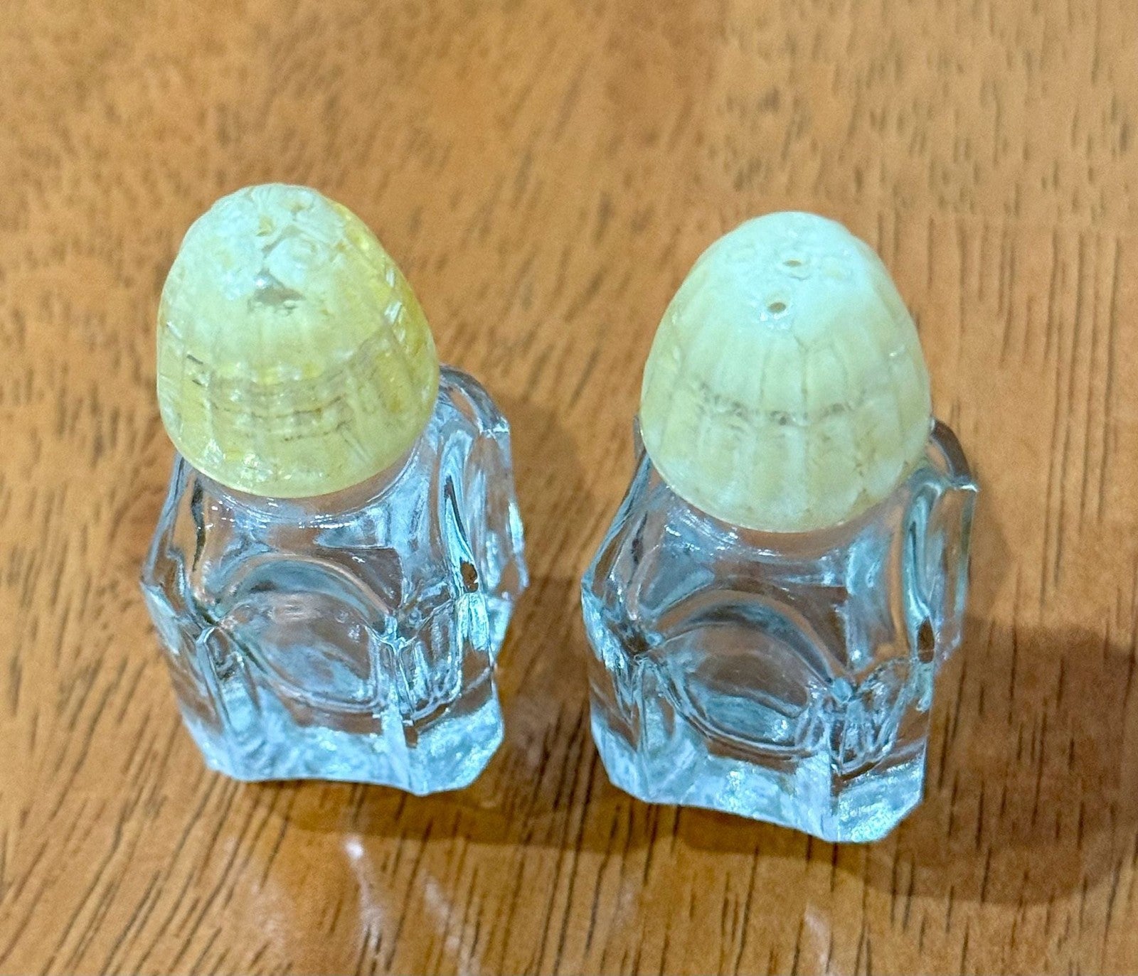 Vintage Petite Cut Glass Salt and Pepper Shakers with Yellow Plastic Lids
