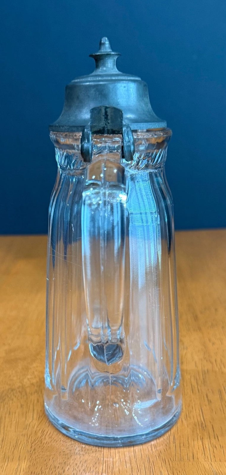 Vintage Glass Syrup Pitcher Metal Flip-Top Lid Vertical Ribbed Design