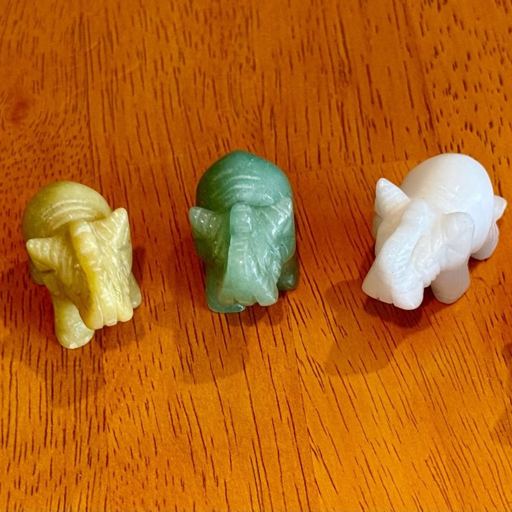 Set of 5 Vintage Hand Carved Gemstone and Quartz Elephant Figurines