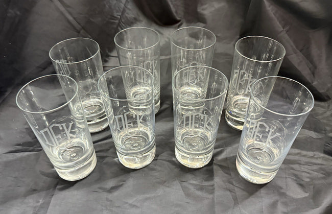 Set Of 8 Heavy Base Controlled Bubble Bottom Highball Glasses 16 oz DEK Engraved