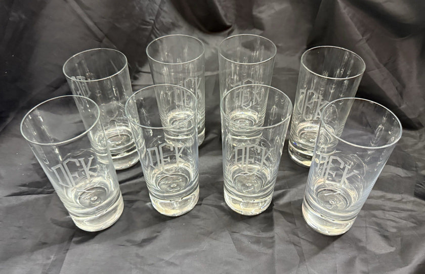 Set Of 8 Heavy Base Controlled Bubble Bottom Highball Glasses 16 oz DEK Engraved