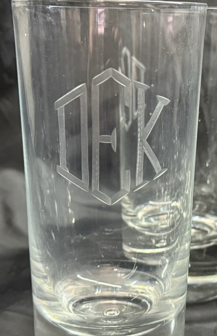 Set Of 8 Heavy Base Controlled Bubble Bottom Highball Glasses 16 oz DEK Engraved