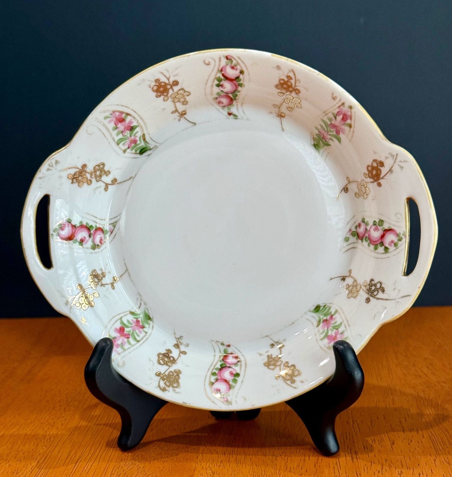 Antique Nippon Hand Painted Porcelain Serving Dish Gold Handles Pink Floral Swag