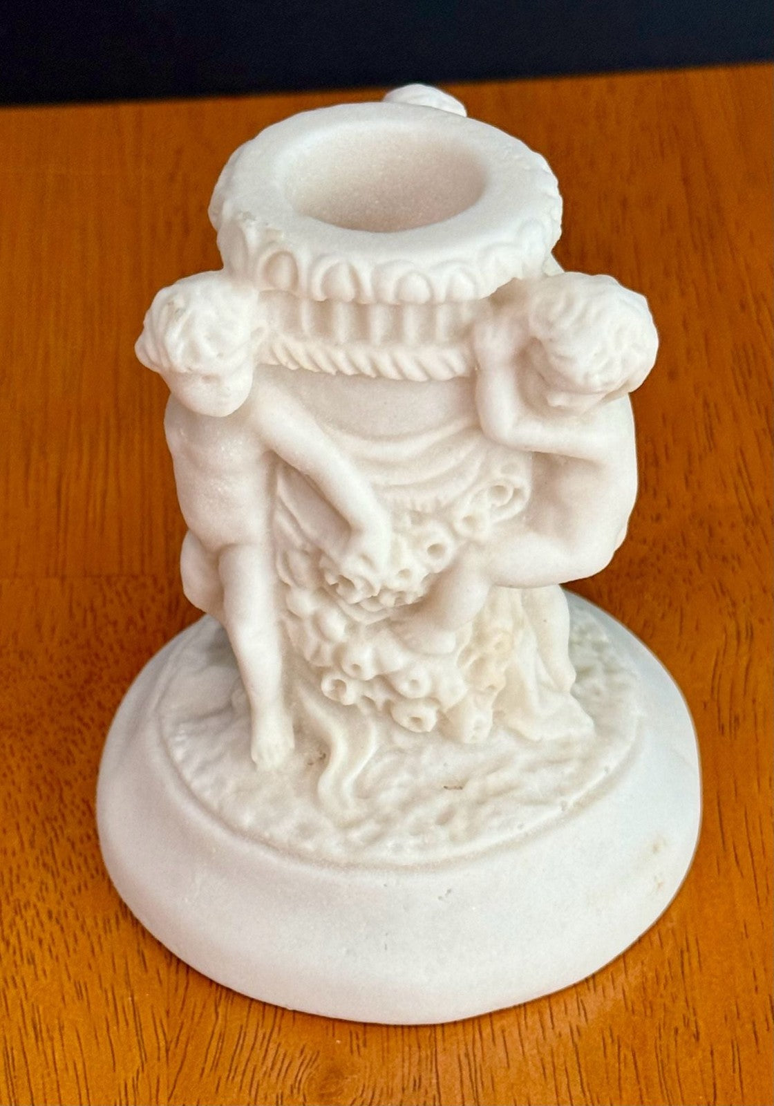 Antique 1900s Salt Dough Figural Cherub White Candlestick Holder