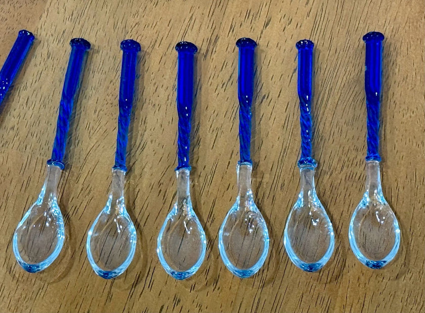 Vintage Hand Blown Art Glass Spoons Cobalt Blue Twisted Handles Set of 12