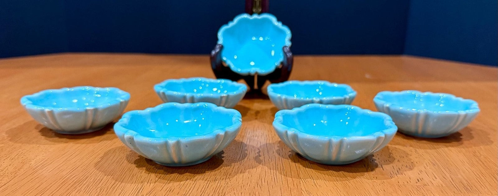 Set of 7 Vintage Turquoise Blue Glazed Ceramic Scalloped Salt Cellar Dip Bowls