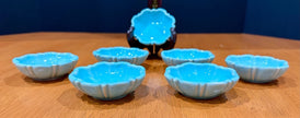 Set of 7 Vintage Turquoise Blue Glazed Ceramic Scalloped Salt Cellar Dip Bowls