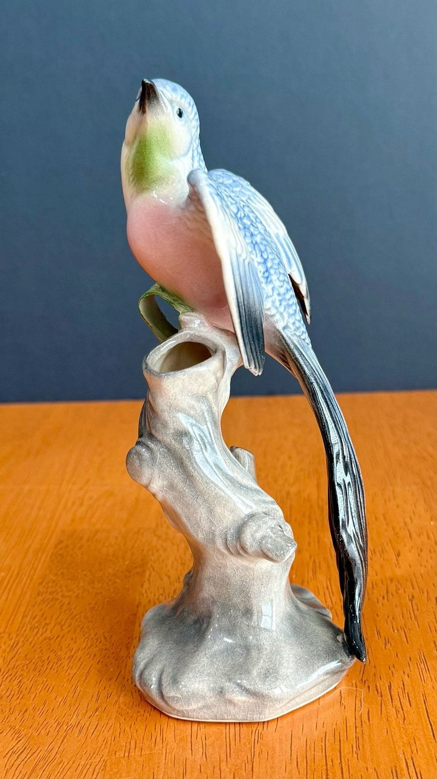 Vintage Ceramic Budgerigar Bird on Tree Stump Figurine Bud Vase